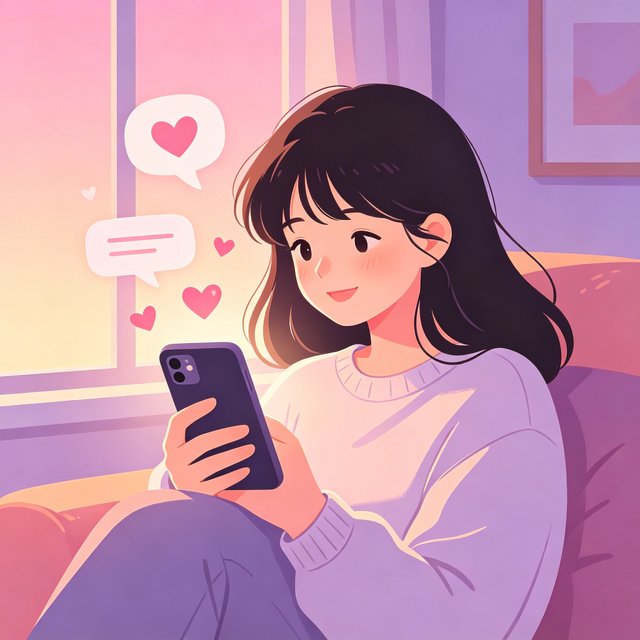 ai风月产品介绍插画-女孩抱着手机与AI恋人甜蜜聊天，手机飘出爱心气泡